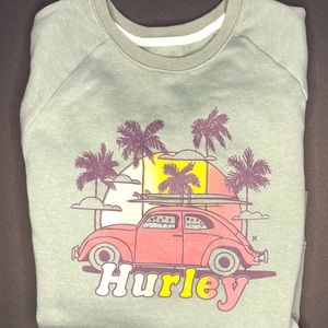 Green Hurley Sweatshirt with VW Bug and surf scene on the front size M